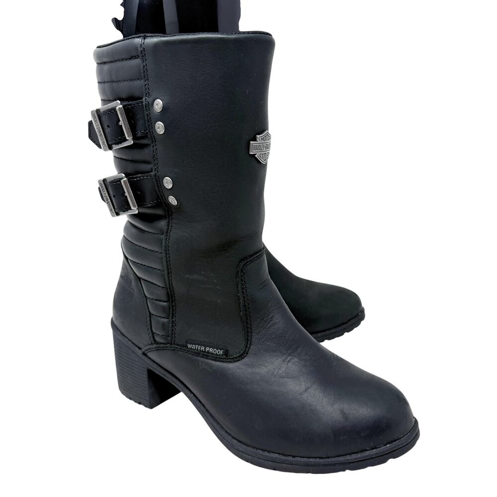 Harley-Davidson Black Leather Moto Boots Women's Sz 9 Quilted Detail Waterproof - Picture 11 of 11